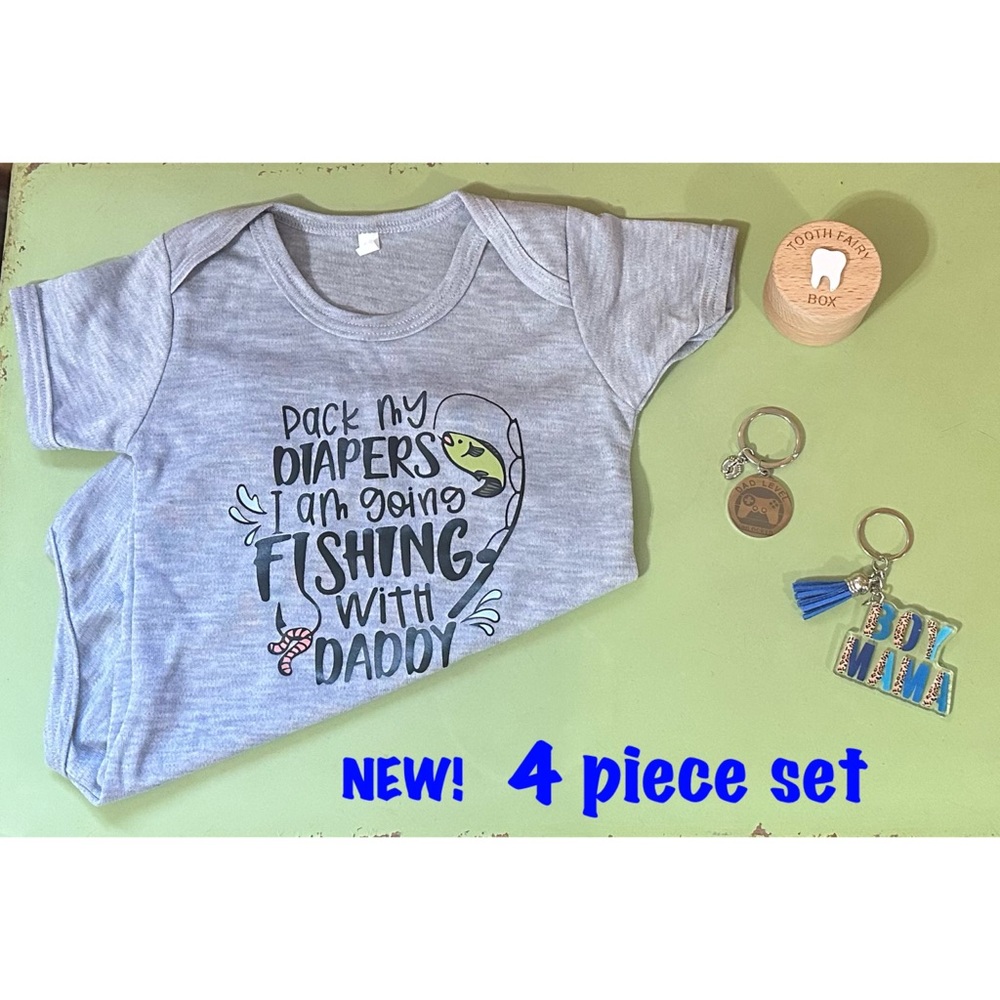 Baby Boy 12-18 Mos Fishing w/Daddy Onesie, Keychain Set, and Tooth Fairy Box